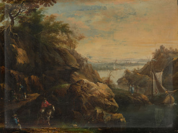 pejzaż - ujęcie z przodu; Na pierwszym planie urwisko spiętrzone głazami i z rzadka rosnącymi drzewami, zbocza rzeki z widokiem na rozlewiska szerokiej doliny. Na nich zabudowa małych osiedli i wysoka wieża kościelna. Na drodze, przechodzącej po lewym zboczu grupa siedzących mężczyzn i jeździec. Po prawej widoczne sylwetki trzech mężczyzn rozprawiających o przycumowanej barce, na której pracują inni mężczyźni. Koloryt obrazu utrzymany w tonacji brązów i zieleni, rozświetlonych błękitem nieba i bielą chmur oraz nakładanymi gęstą farbą rozświetleniami na konturach niektórych przedmiotów lub postaci sztafażu. Ta monochromatyczność przerwana jest niewielką plamą czerwieni stroju jeźdźca na pierwszym planie.