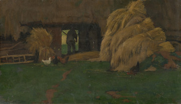obraz - Ujęcie z przodu; Obraz przedstawia porośnięte trawą podwórko zamknięte zabudowaniem gospodarskim drewnianym, krytym nisko opadającą strzechą. W otwartych wrotach, na tle zieleni widocznej po drugiej stronie budynku sylwetka mężczyzny z cepem w ręku. Po prawej stronie obrazu stos snopków, po lewej, przy otwartych drzwiach stadko kur, snop oparty o ścianę, leżąca drabina. Koloryt: ciemny, zielenie, szarawe brązy.