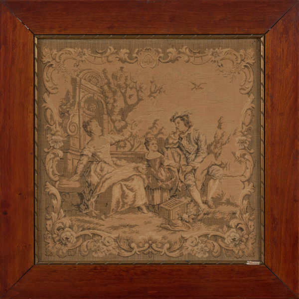 gobelin - Ujęcie z przodu. Mały gobelin w tonacji miodowo-beżowo-czarnej.