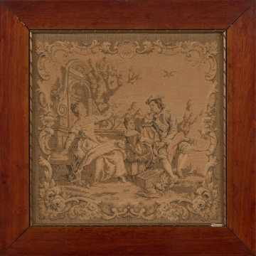 gobelin - Ujęcie z przodu. Mały gobelin w tonacji miodowo-beżowo-czarnej.