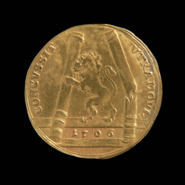 dwudukat pamiątkowy - Ujęcie rewersu. Na rewersie lew stojacy na dwóch łapach burzący kolumny. Na poziomej belce data 1706. Po bokach w półotoku napis.