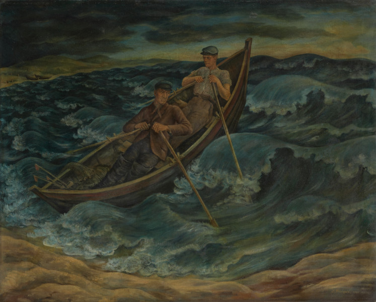 scena rodzajowa - ujęcie z przodu; Na wzburzonym morzu wąska niewielka lódka i dwaj wiosłujący rybacy. Z przodu widać żółte połacie piaszczystej plaży.  Na horyzoncie zółtawy poblask zachodzącego słońca.