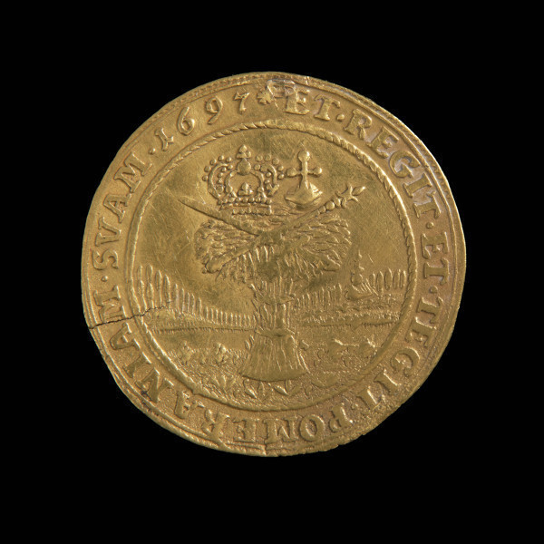 dwudukat - Ujęcie rewersu. Na rewersie snopek zboża (kukurydzy)? na tle sielskiego krajobrazu, na nim leżące insygnia koronne: skrzyżowane berło z mieczem oraz jabłko i korona. W otoku napis.