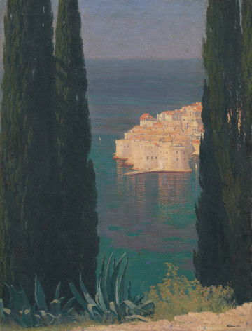 pejzaż morski - ujęcie z przodu; Widok na morze oraz zabudowania miejskie na wyspie okolony wysokimi cyprysami po prawej i lewej stronie obrazu. Na pierwszym planie fragment piaszczystej ścieżki z niewielkimi agawami. Morze i niebo w odcieniach zielonkawo-niebieskich i fioletowych.