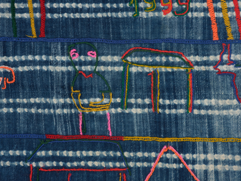 odzież - Ujęcie trzeciego detalu. Spódnica w kształcie prostokątu. Całość wyszywana z różnokolorowych nici.