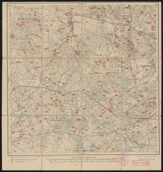 drukowana mapa 613 Rohr II - Ujęcie z przodu; Mapę 613 Rohr II opracowano w 1875, wydano w 1877, a dodrukowano w 1911 roku. Obejmuje obszar w pobliżu miejscowości Rohr, Kreis Rummelsburg, Reg. Bez. Köslin, Prov. Pommern, dziś Trzcinno, pow. bytowski, woj. pomorskie, Polska. Jest jedynym zachowanym egzemplarzem arkusza przedwojennej mapy topograficznej oznaczonego godłem 613, zawierającym dane o lokalizacji obiektów i ich nazw w zasobie archiwalnym Flurnamen Sammlung. Na drukowanej mapie ręcznie naniesiono warstwę z numeracją obiektów fizjograficznych odnoszących się do miejscowości: Treten, dziś Dretyń; Rohr; Gewiesen, dziś Kwisno; Scharnitz, dziś Czarnica; Georgendorf, dziś Lubkowo; Waldow, dziś Wałdowo; Rummelsburg, dziś Miastko; Neu Schwessin, dziś Świeszynko.