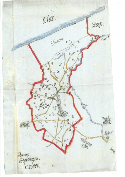 Flurnamen Sammlung - Powiat Reski - Ujęcie mapy odręcznej. Mapa odręczna wykonana czarnym tuszem. Kolorami naniesony obszar, cieki wodne i drogi. W obrębie naniesione liczby.