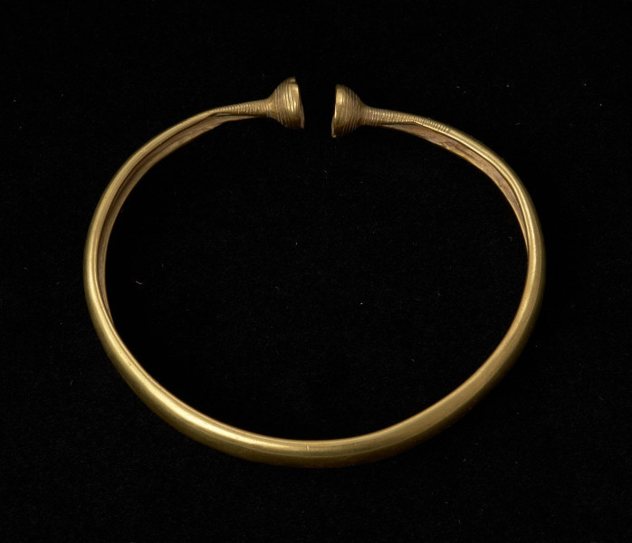 bransoleta z pieczątkowatymi zakończeniami - Ujęcie z góry przodu. Bransoleta otwarta z pieczątkowatymi zakończeniami, przypominającymi niewielkie miseczki lub naparstki, wykonana jest ze stosunkowo cienkiej, złotej blachy, której brzegi zagięte są charakterystycznie pod spód, tworząc wąskie, puste wewnątrz obręcze. Kabłąk bransolety zdobią grupy poprzecznych nacięć, a jej zakończenia dookolne ryty.