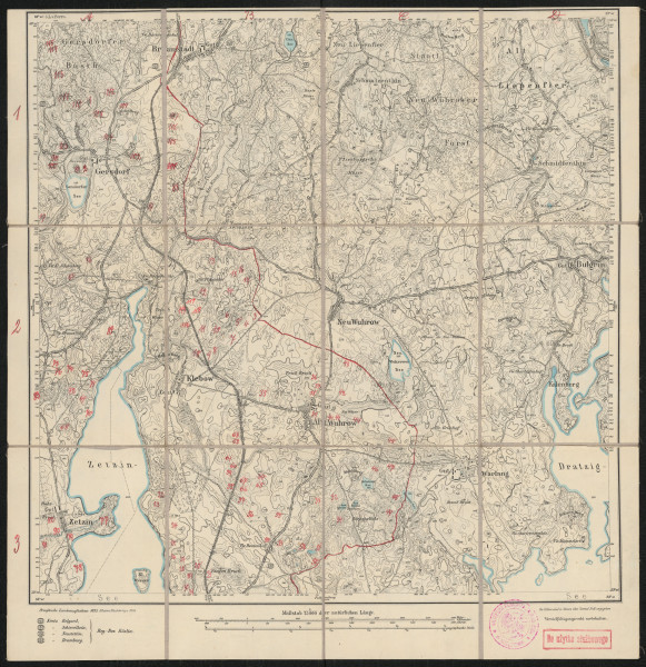 Mapa drukowana 970 Neu-Wuhrow II - Ujęcie z przodu; Mapę 970 Neu-Wuhrow II opracowano i wydano w 1875, a dodrukowano w 1919 roku. Obejmuje obszar w pobliżu miejscowości Neu Wuhrow, Kreis Neustettin, Reg. Bez. Köslin, Prov. Pommern, dziś Nowe Worowo, pow. drawski, woj. zachodniopomorskie, Polska. Jest jednym z czterech zachowanych egzemplarzy arkusza przedwojennej mapy topograficznej oznaczonego godłem 970 (ale inne wydanie), zawierającym dane o lokalizacji obiektów i ich nazw w zasobie archiwalnym Flurnamen Sammlung. Na drukowanej mapie ręcznie naniesiono warstwę z numeracją obiektów fizjograficznych odnoszących się do miejscowości: Gersdorf, dziś Gawroniec; Klebow, dziś Chlebowo; Alt Wuhrow, dziś Stare Worowo; Zetzin, dziś Siecino.