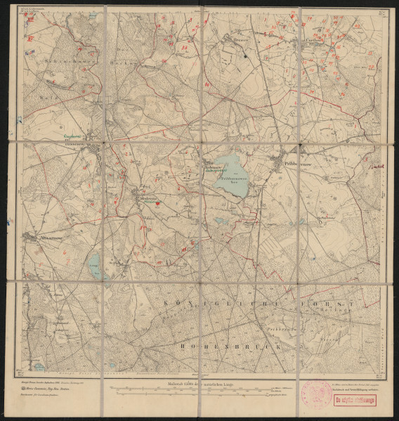Mapa drukowana 65 Pribbernow I - Ujęcie z przodu; Mapę 865 Pribbernow I opracowano i wydano w 1886, a dodrukowano w 1912 roku (dane na podstawie drugiego egzemplarza). Obejmuje obszar w pobliżu miejscowości Pribbernow, Kreis Cammin, Reg. Bez. Stettin, Prov. Pommern, dziś Przybiernów, pow. goleniowski, woj. zachodniopomorskie, Polska. Jest jednym z dwóch zachowanych egzemplarzy arkusza przedwojennej mapy topograficznej oznaczonego godłem 865, zawierającym dane o lokalizacji obiektów i ich nazw w zasobie archiwalnym Flurnamen Sammlung. Na drukowanej mapie ręcznie naniesiono warstwę z numeracją obiektów fizjograficznych odnoszących się do miejscowości: Kl. Weckow, dziś Wiejkowo; Bresow, dziś Brzozowo; Cartlow, dziś Kartlewo; Pribbernow; Sabessow, dziś Zabierzewo.
Mapę 865 Pribbernow II opracowano i wydano w 1886, a dodrukowano w 1912 roku. Obejmuje obszar w pobliżu miejscowości Pribbernow, Kreis Cammin, Reg. Bez. Stettin, Prov. Pommern, dziś Przybiernów, pow. goleniowski, woj. zachodniopomorskie, Polska. Jest jednym z dwóch zachowanych egzemplarzy arkusza przedwojennej mapy topograficznej oznaczonego godłem 865, zawierającym dane o lokalizacji obiektów i ich nazw w zasobie archiwalnym Flurnamen Sammlung. Na drukowanej mapie ręcznie naniesiono warstwę z numeracją obiektów fizjograficznych odnoszących się do miejscowości: Schinchow, dziś Siniechowo; Trebenow, dziś Trzebianowo; Cartlow, dziś Kartlewo; Rissnow, dziś Rzystnowo; Alt Sarnow, dziś Żarnowo; Medewitz, dziś Miodowice; Sabesow, dziś Zabierzewo; Pribbernow.