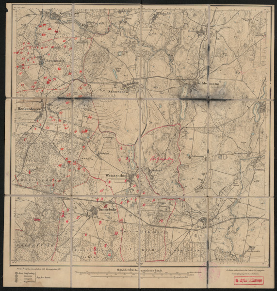 Mapa drukowana - Ujęcie z przodu; Mapę 773 Schwessow IV opracowano w 1889, a wydano w 1891 roku. Obejmuje obszar w pobliżu miejscowości Schwessow, Kreis Greifenberg, Reg. Bez. Stettin, Prov. Pommern, dziś Świeszewo, pow. gryficki, woj. zachodniopomorskie, Polska. Jest jednym z trzech zachowanych egzemplarzy arkusza przedwojennej mapy topograficznej oznaczonego godłem 773 (ale inne wydanie), zawierającym dane o lokalizacji obiektów i ich nazw w zasobie archiwalnym Flurnamen Sammlung. Na drukowanej mapie ręcznie naniesiono warstwę z numeracją obiektów fizjograficznych odnoszących się do miejscowości: Ravenhorst, dziś Wołowiec; Henkenhagen, dziś Upadły; Woistenthin, dziś Ościęcin; Tonnebuhr, dziś Unibórz.