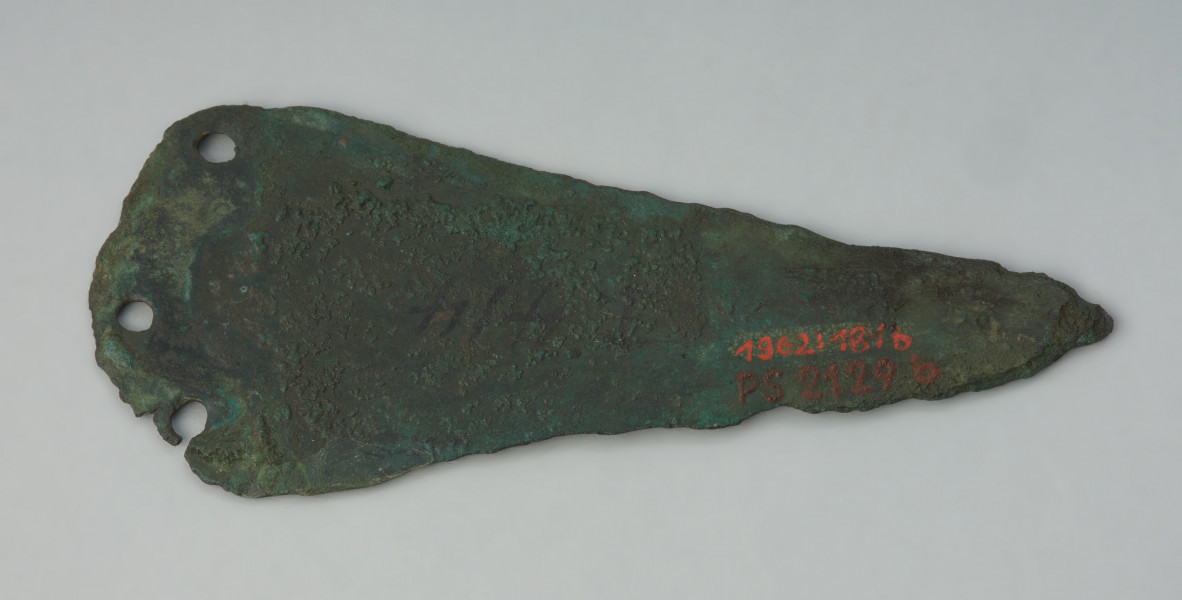 ostrze sztyletu z półkolistym zakończeniem, wariant Mierczyce - Ujęcie spodu. Trójkątna głownia sztyletu z brązu, pokryta zielona patyną, ma półkoliście uformowaną płytkę do przytwierdzania rekojeści, w której znajdują się trzy otwory na nity. Krawędzie ostrza są zniszczone.