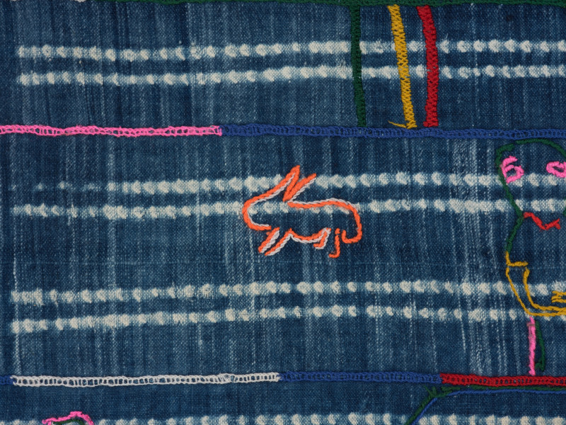 odzież - Ujęcie siódmego detalu. Spódnica w kształcie prostokątu. Całość wyszywana z różnokolorowych nici.