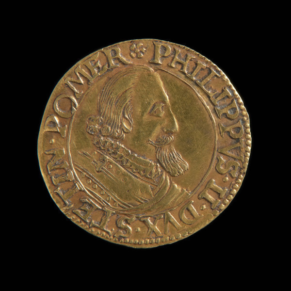 gulden okolicznościowy - Ujęcie awersu. Na awersie popiersie księcia w krezie, z widocznym fragmentem zbroi w prawo. W perełkowo-liniowym otoku napis.