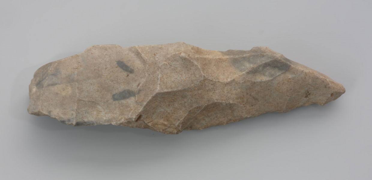 kilof; pik odłupkowy - ujęcie z przodu; Pik odłupkowy z Unimia, pow. łobeski. Narzędzie zwane pikiem wykonano z szarego czertu. Jest to skała wieku kredowego, podobna do krzemienia, jednak o bardziej ziarnistej strukturze. Surowiec ten może sprawiać wrażenie trudnego w obróbce, szczególnie w porównaniu ze szklistymi krzemieniami wysokiej jakości. W rzeczywistości jest bardzo łupliwy, uderzony pęka w sposób łatwy do przewidzenia, a jednocześnie jest twardy i wytrzymały. Pik z Unimia został utworzony poprzez odbicie odłupka z dużej bryły surowca. Część pracująca była co najmniej raz naprawiana.