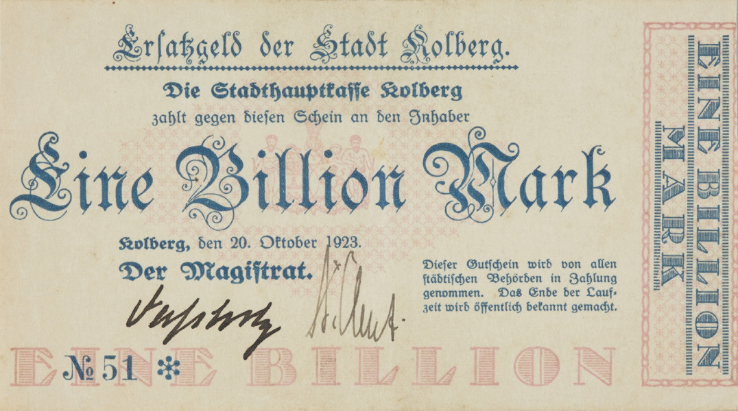 bon - Ujęcie przodu bez poddruku. Jednostronny bon z nominałe biliona marek, różowym poddrukiem i z niebieskimi gotyckimi napisami.