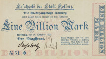 bon - Ujęcie przodu bez poddruku. Jednostronny bon z nominałe biliona marek, różowym poddrukiem i z niebieskimi gotyckimi napisami.