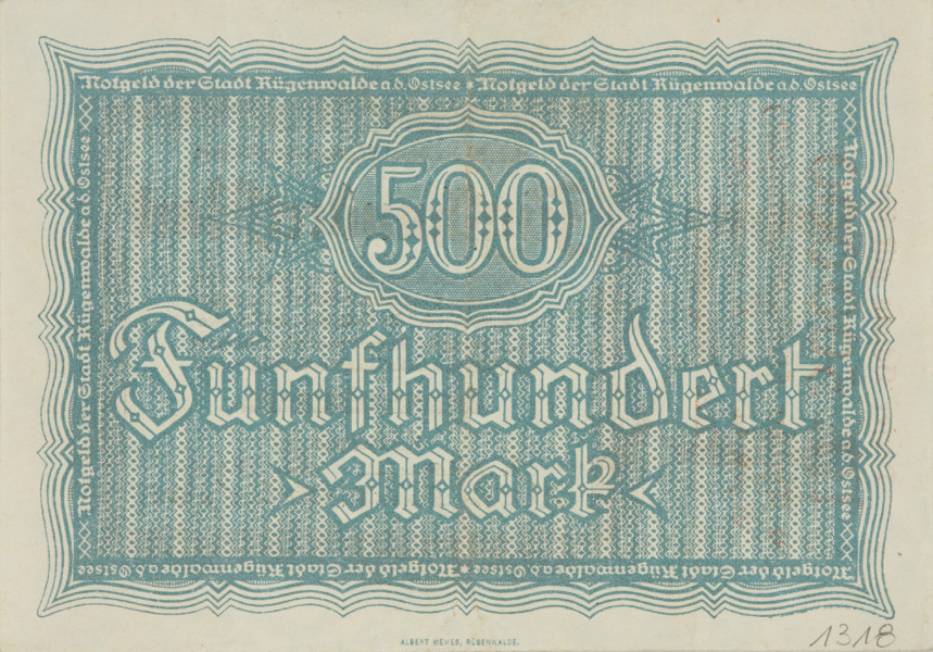 bon - Ujęcie strony odwrotnej. Dwustronny bon o nominałe 500 marek, z błękitnym poddrukiem, czarnymi gotyckimi napisami i czerwonym nadrukiem nominału 500 000 marek.