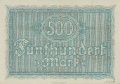 bon - Ujęcie strony odwrotnej. Dwustronny bon o nominałe 500 marek, z błękitnym poddrukiem, czarnymi gotyckimi napisami i czerwonym nadrukiem nominału 500 000 marek.