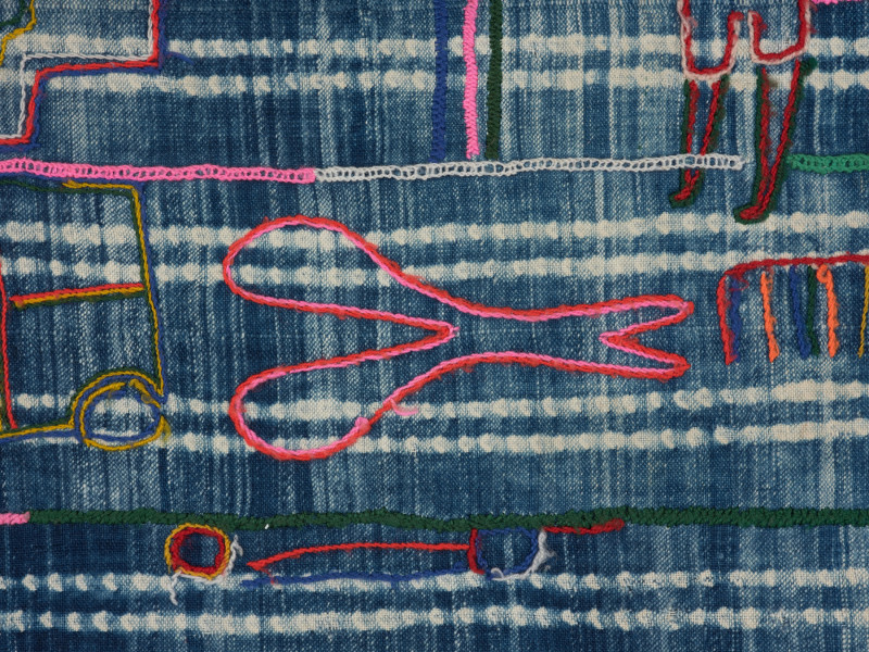 odzież - Ujęcie drugiego detalu. Spódnica w kształcie prostokątu. Całość wyszywana z różnokolorowych nici.