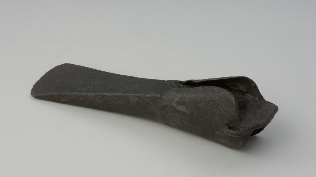 topór, siekiera - Ujęcie lewego boku. Niezdobiona siekierka brązowa z górnymi skrzydełkami i uszkiem na obuchu.