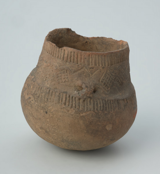 naczynie - ujęcie z tyłu; Amfora z baniastym brzuścem, prawie cylindryczną szyjką i parą taśmowatych uch umieszczonych niesymetrycznie  u nasady szyjki, zdobiona pod wylewem dookolnymi pasmami pionowych słupków odciskanych, na szyjce stemplami tworzącymi zygzaki i pomiędzy nimi rytymi rombami wypełnionymi ukośną kratką, a na górze brzuśca ponownie dookolnym pasmem pionowych słupków odciskanych