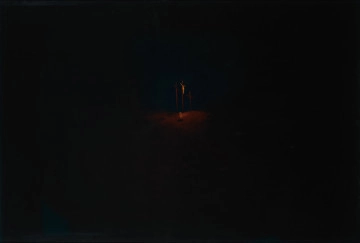 fotografia - Ujęcie z przodu. Fotografia barwna pod pleksi na dibondzie z nocnym przedstawieniem. W centrum piaszczysta droga prowadząca w kierunku wzniesienia z trzema krzyżami oraz sylwetka białego kota, u ich podnóża.