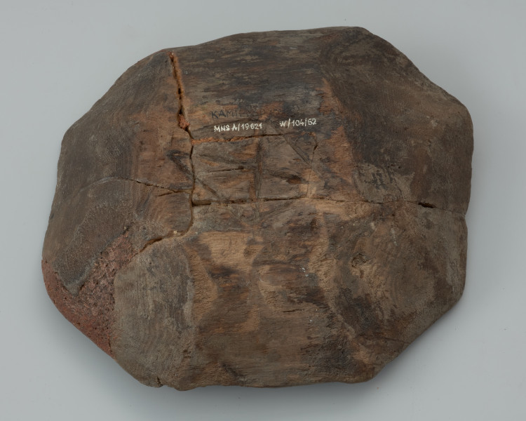 misa - Ujęcie spodu z góry. Miska drewniana toczona od wewnątrz i ociosywana od strony zewnętrznej ma znak wytwórcy (gmerk lub merk) w postaci krzyża wpisanego w romb.