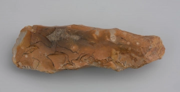 Ciosak rdzeniowy, tzw. typu Lietzow - ujęcie z tyłu; Duży ciosak rdzeniowy, w przekroju romboidalny, tzw. typu Lietzow.  Wykonano go z dużej bryły dobrej jakości krzemienia wydobytej z dna rzeki lub strumienia, o czym świadczy zdarta powierzchnia naturalna i ślady uderzeń o kamienie. Wykonanie narzędzia poprzedziło uformowanie dookolnej krawędzi bryły twardym tłukiem. Następnie odbito kilka serii odłupków w celu jej zmniejszenia i nadania odpowiedniego kształtu. Ostrze uformowano odbiciami po dwóch stronach poprzecznie względem dłuższej osi narzędzia. Ciosak ma liczne ślady uszkodzeń krawędzi, które powstały w trakcie użytkowania oraz napraw ostrza.