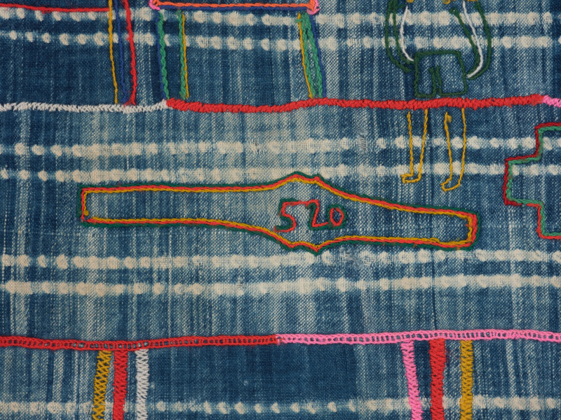 odzież - Ujęcie szóstego detalu. Spódnica w kształcie prostokątu. Całość wyszywana z różnokolorowych nici.