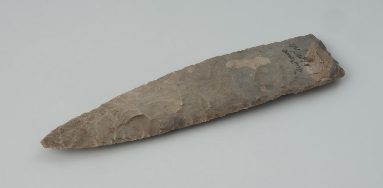 Płoszcze krzemienne - Ujęcie z tyłu skosem w prawą stronę; Płoszcze krzemienne cienkie, w formie smukłego, długie trójkąta z poprzeczną podstawą, wykonane z krzemienia wieku kredowego o niejednolitej, szarej barwie. Cała powierzchnia negatywowa, o krawędziach wyrównanych łuskowym retuszem. Ostrze sztyletu lub, co bardziej prawdopodobne, tzw. berła sztyletowego.
.