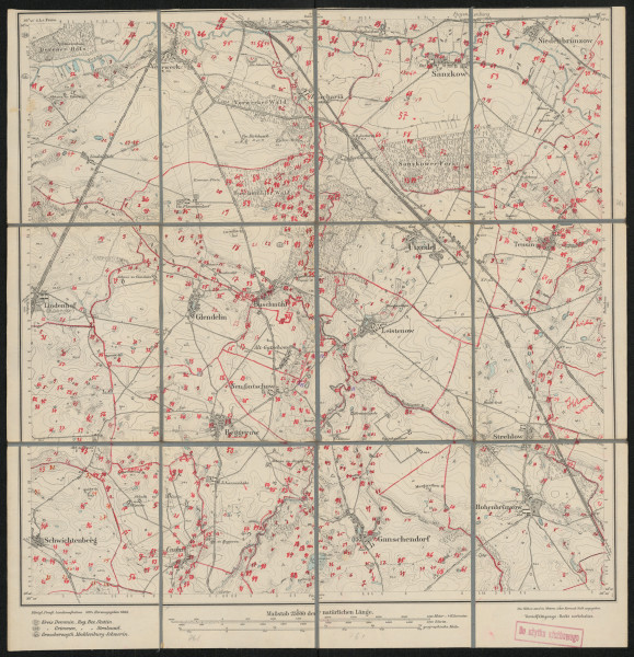 drukowana mapa 761 Leistenow I - Ujęcie z przodu; Mapę 761 Leistenow I opracowano w 1884, a wydano w 1886 roku. Obejmuje obszar w pobliżu miejscowości Leistenow, Kreis Demmin, Reg. Bez. Stettin, Prov. Pommern, dziś Kreis Mecklenburgische Seenplatte, Bundesland Mecklenburg-Vorpommern, Niemcy. Jest jedynym zachowanym egzemplarzem arkusza przedwojennej mapy topograficznej oznaczonego godłem 761, zawierającym dane o lokalizacji obiektów i ich nazw w zasobie archiwalnym Flurnamen Sammlung. Na drukowanej mapie ręcznie naniesiono warstwę z numeracją obiektów fizjograficznych odnoszących się do miejscowości: Vorwerk, Zachariä, Sanzkow, Siedenbrünzow, Lindenhof, Glendelin, Buschmühl, Alt, Neu Gatschow, Beggerow, Leistenow, Utzedel, Teusin, Strehlow, Schwichtenberg, Caslin, Ganschendorf, Hohenbrünzow.