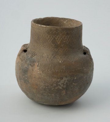 naczynie - Ujęcie z przodu; Amfora z baniastym brzuścem, prawie cylindryczną szyjką i parą taśmowatych uch umieszczonych niesymetrycznie u nasady szyjki, zdobiona na szyjce dookolnymi pasmami stempelków tworzącymi zygzaki i rombami wypełnionymi ukośną kratką, a na górze brzuśca dookolnym, przerywanym pasmem krótkich, pionowych linii rytych zakończonych stempelkami.