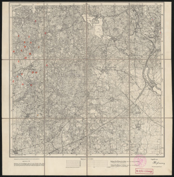 drukowana mapa 698 Falkenhagen II - Ujęcie z przodu; Mapę 698 Falkenhagen II opracowano i wydano w 1929 roku. Obejmuje obszar w pobliżu miejscowości Falkenhagen, Kreis Rummelsburg, Reg. Bez. Köslin, Prov. Pommern, dziś Miłocice, pow. bytowski, woj. pomorskie, Polska. Jest jednym z dwóch zachowanych egzemplarzy arkusza przedwojennej mapy topograficznej oznaczonego godłem 698, zawierającym dane o lokalizacji obiektów i ich nazw w zasobie archiwalnym Flurnamen Sammlung. Na drukowanej mapie ręcznie naniesiono warstwę z numeracją obiektów fizjograficznych odnoszących się do miejscowości: Hölkewiese, dziś Kołtki; Rummelsburg, dziś Miastko.