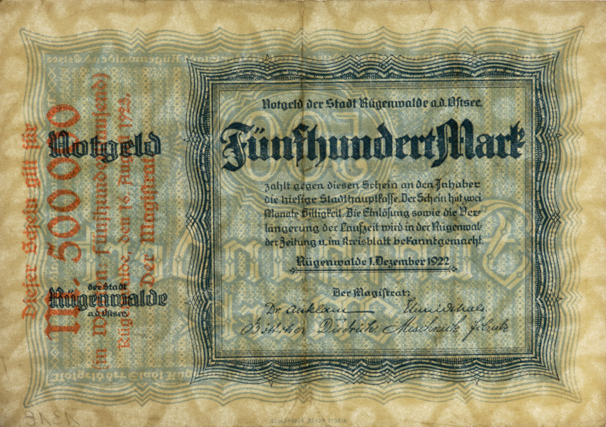 bon - Ujęcie przodu z poddrukiem. Dwustronny bon o nominałe 500 marek, z błękitnym poddrukiem, czarnymi gotyckimi napisami i czerwonym nadrukiem nominału 500 000 marek.