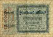 bon - Ujęcie przodu z poddrukiem. Dwustronny bon o nominałe 500 marek, z błękitnym poddrukiem, czarnymi gotyckimi napisami i czerwonym nadrukiem nominału 500 000 marek.