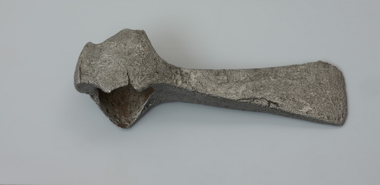 topór bojowy (czekan) - Ujęcie z góry w poziomie. Topór ma smukłe żeleźce, prawie prostopadłe w stosunku do osi pionowej toporzyska. Światło osady jest owalne, a sama osada ma zdecydowanie wyodrębnione, nieznacznie zaokrąglone i opuszczone w dół wypustki zwane wąsami. Obuch jest zakończony krótkim, prostokątnym w przekroju zgrubieniem, tzw. młotkiem. Żeleźce topora ma smukłą szyjkę, która łagodnie rozszerza się tworząc wąskie, lekko asymetryczne i łukowate ostrze.