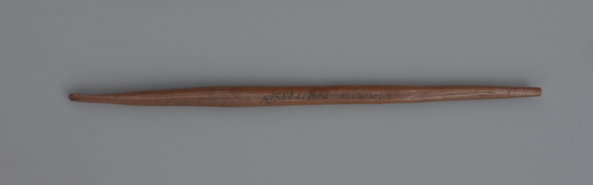 Ostrze kościane - ujęcie z góry; Ostrze kościane ze spłaszczoną podstawą, w przekroju lekko owalne. Wykonane z kości długiej dużego ssaka. Zabytek ma odłamany wierzchołek, a samo złamanie nosi ślady klejenia. Na skutek skrobania i strugania zabytek pokryty jest w całości charakterystycznymi podłużnymi liniami oraz poprzecznymi prążkami. Widoczne są także drobne nacięcia. Doskonałe zachowanie śladów produkcyjnych sugeruje, że zabytek nie był używany, lub użytkowanie nie było zbyt intensywne. Na skutek długotrwałego przebywania w torfowisku zabytek zmienił kolor na pomarańczowy.