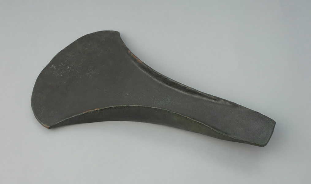 siekierka typu Ubiedrze; siekierka typu wschodniobałtyckiego - Ujęcie siekierki z przodu skosem do tyłu w poziomie. Masywna siekierka z brązu z podniesionymi brzegami. Okaz ma wachlarzowato uformowane ostrze i wąski, prosto zakończony obuch. Na ostrzu brak śladów użycia.