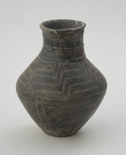 naczynie gliniane - Ujęcie z boku. Gliniane naczynie wąskootworowe o flaszowatej formie z wysoką cylindryczną szyjką. Powierzchnia jest wyświecana, barwy ciemnobrunatnej. Brzusiec jest dwustożkowaty, zdobiony techniką kółka zębatego motywem meandra schodkowego, a w dolnej partii pionowymi liniami. Szyjkę obiegają u podstawy dwie listy plastyczne.