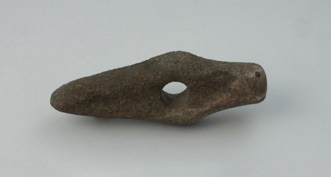 Topór kamienny - Ujęcie z przodu; Topór kamienny z wklęsłymi powierzchniami górną i dolną oraz lekko wypukłymi powierzchniami bocznymi. Ostrze proste. Obuch tępym o zarysie kolistym. Korpus prosty w rzucie bocznym, w rzucie z góry z poszerzeniem przy otworze. Otwór kolisty, cylindryczny. Powierzchnia zerodowana, pierwotnie gładzona.