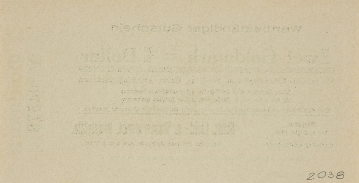2 złote marki=10/21 dolara - Ujęcie z tyłu. Jednostronny bon o nominale 2 złotych marek, z oliwkowym poddrukiem, z czarnymi gotyckimi i klasycznymi napisami. Strona główna: na oliwkowym siatkowym poddruku z herbem miasta, w kolorze czarnym mominał: Zwei Goldmark=10/21 Dollar. Poniżej czcionką fraktury w kolorze czarnym napis: für geleistete Abschlagszahlung auf Gas=, Storm= und Wasserverbrauch/ Dieser Gutschein wird bei Bezahlung der entgültigen Rechnung/ für Gas=, Storm= u. Wasserverbrauch in Zahlung genommen. Der Quittungsgutschein darf nicht allgemein in Verkehr gebracht werden. Po lewej stronie czcionką fraktury czarny napis: Neustettin,/ der 1. Dezbr. 1923/ Sorgfältig aufbewahren! Po prawej stronie czarny napis: Städt. Licht= u. Wasserwerke, Neustettin./ Ersatz für velorene Gutscheine wird nicht geleistet. Wzdłuż górnej krawędzi bonu czarny napis: Wertbeständiger Gutschein, a wzdłuż dolnej: Dieser Schein hat Gültigkeit bis zum Aufruf! oraz nazwa drukarni po lewej stronie: Norddeutsche Presse, Neustettin. Po lewej stronie w prostopadle oliwkowy nominał: 2 Goldmark i czarny muner seryjny bonu: 004579. Strona odwrotna: pusta. Papier kremowy.