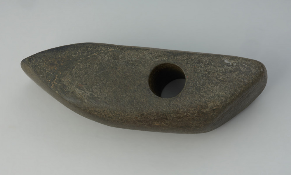 Topór kamienny - Ujęcie z góry; Asymetryczne narzędzie ze skośnym obuchem i otworem przewierconym równolegle do kierunku ostrza. W rzucie z góry topór ma jeden bok prosty, załamany przy ostrzu, a drugi silnie uwypuklony. Otwór do osadzenia trzonka umieszczony bliżej części tylnej, jest wywiercony jednostronnie. W partii środkowej, opodal otworu, jest widoczne zaczątkowe wiercenie wykonywane okrągłym, pustym narzędziem, prawdopodobnie kością. Powierzchnia narzędzia jest gładzona w nierównym stopniu, przy otworze zauważalne są zagłębienia po odbiciach kształtujących ogólną formę narzędzia. W wielu miejscach zaobserwować można grupy równoległych rys, które są śladami po zdzieraniu i gładzeniu