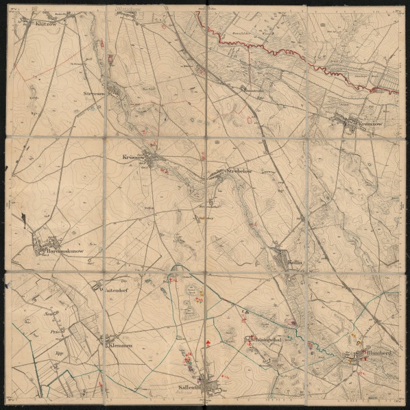 Mapa drukowana 1328 Kollin I - Ujęcie z przodu; Mapę 1328 Kollin I opracowano i wydano w 1881, a skorygowano w 1934 roku (dane z egzemplarza spoza zbioru). Obejmuje obszar w pobliżu miejscowości Kollin, Kreis Pyritz, Reg. Bez. Stettin, Prov. Pommern, dziś Kolin, pow. stargardzki, woj. zachodniopomorskie, Polska. Jest jedynym zachowanym egzemplarzem arkusza przedwojennej mapy topograficznej oznaczonego godłem 1328, zawierającym dane o lokalizacji obiektów i ich nazw w zasobie archiwalnym Flurnamen Sammlung. Na drukowanej mapie ręcznie naniesiono warstwę z numeracją obiektów fizjograficznych odnoszących się do miejscowości: Strebelow, dziś Strzebielewo; Schöningsthal, dziś Szemielino; Blumberg, dziś Morzyca.