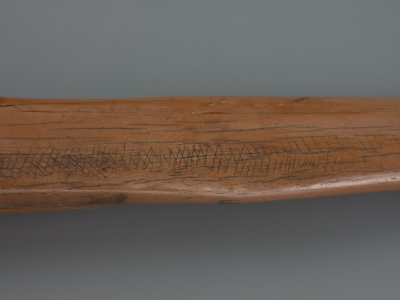 ostrze kościane ornamentowane - ujęcie detalu ornamentu; Zabytek pokryty jest pojedynczym pasmem ornamentu, składającym się z dwóch serii nacięć, które przebiega wzdłuż krawędzi części pracującej ku podstawie. Podwójne pasma ukośnych nacięć miejscami nakładają się na siebie tworząc wzór kratki lub jodełki.