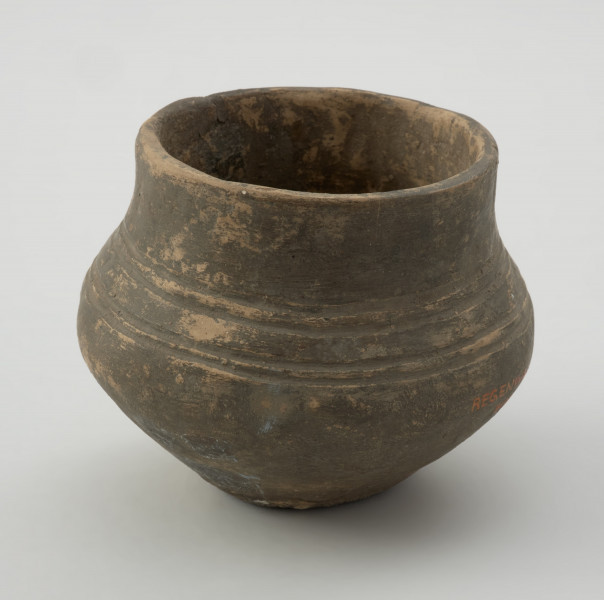 naczynie gliniane - Ujęcie z przodu. Niewielka gliniana waza o kulistym brzuścu i nieznacznie nachylonej do wnętrza szyjce. Wylew wazy jest zaokrąglony. Waza jest zdobiona ponad załomem brzuśca czterema dookolnymi liniami rytymi. Powierzchnia naczynia jest gładka, a barwa ciemnobrunatna. Typologicznie naczynie reprezentuje wazy grupy A grupy dębczyńskiej.