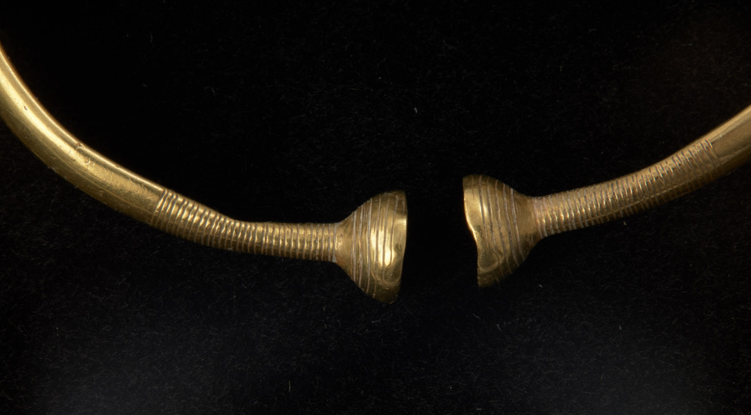 bransoleta z pieczątkowatymi zakończeniami - Ujęcie detalu zapięcia z prawej stony. Bransoleta otwarta z pieczątkowatymi zakończeniami, przypominającymi niewielkie miseczki lub naparstki, wykonana jest ze stosunkowo cienkiej, złotej blachy, której brzegi zagięte są charakterystycznie pod spód, tworząc wąskie, puste wewnątrz obręcze. Kabłąk bransolety zdobią grupy poprzecznych nacięć, a jej zakończenia dookolne ryty.