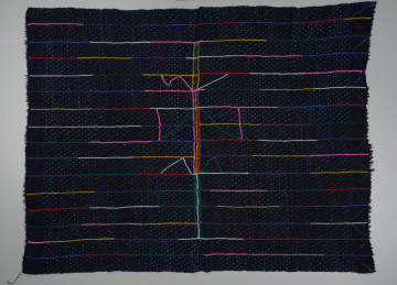 spódnica - Ujęcie z przodu. Prostokątna spódnica w czarnym kolorze. Wzdłuż utkane kolorowe nitki w kolorach różowym, żółtym białym niebieskim i zielonym. Na środku geometryczny wzór.