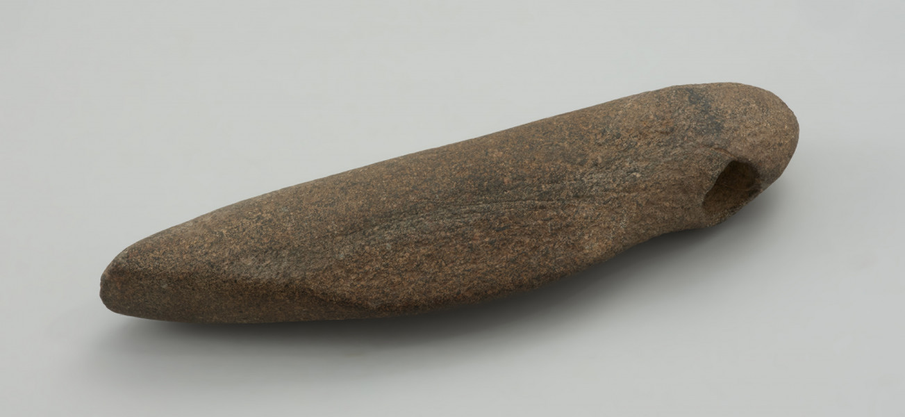 narzędzie, motyka - Ujęcie z boku; Smukłe narzędzie o ostrzu poprzecznym (motyka), o bokach prostych w rzucie z góry, z wyodrębnioną częścią tylną z otworem i spiczastym zakończeniem w formie przypominającej główkę żmii. Na powierzchni górnej, w partii środkowej wyraźnie zaznaczona jest linia grzbietu, która zanika w kierunku ostrza i otworu. W rzucie bocznym krawędź dolna jest prosta, a górna tworzy wysokie uwypuklenie. Powierzchnia gładzona, ma fakturę od gładkiej do lekko szorstkiej