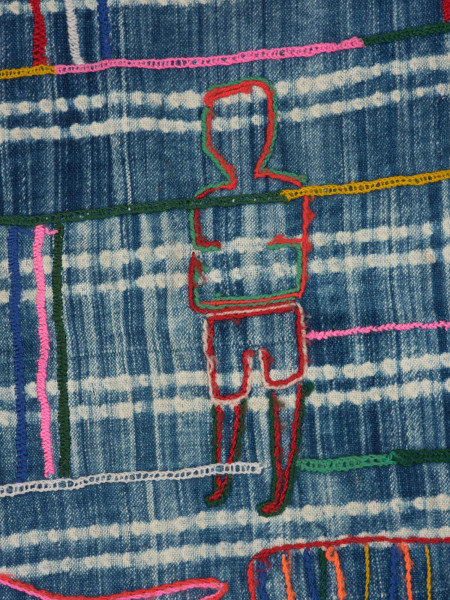 odzież - Ujęcie piątego detalu. Spódnica w kształcie prostokątu. Całość wyszywana z różnokolorowych nici.